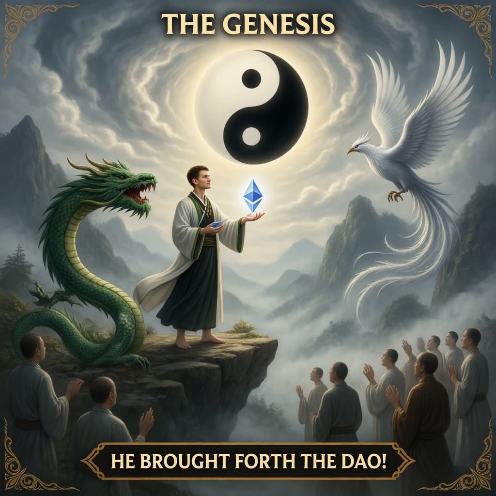 An ancient scroll depicting Vitalik on a cliff, flanked by a green dragon and a white phoenix, holding the ETH crystal beneath a yin-yang sky.